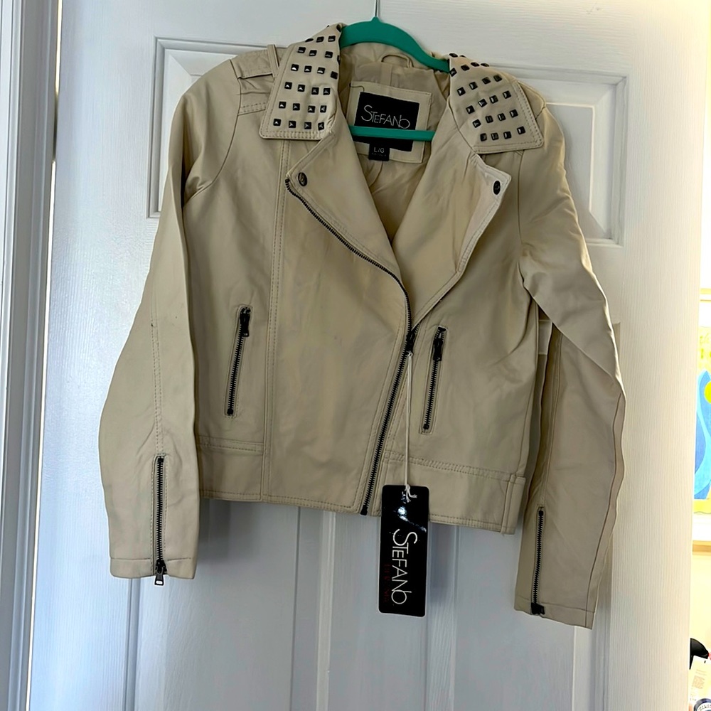 Beige Studded Leather Biker Jacket - Picture 1 of 2